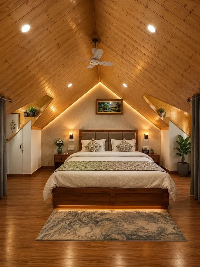 Attic room with a sloping wooden ceiling