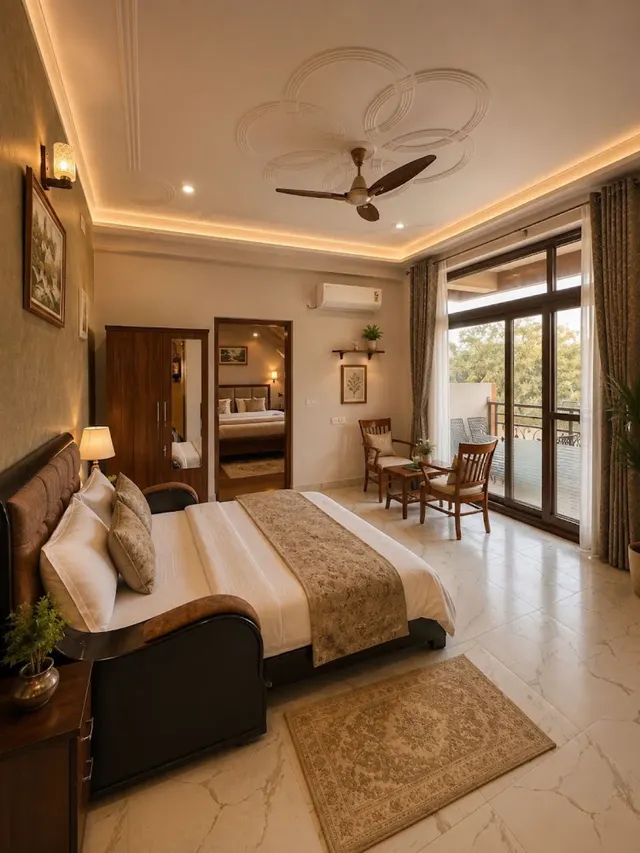 Room with king bed and a balcony door