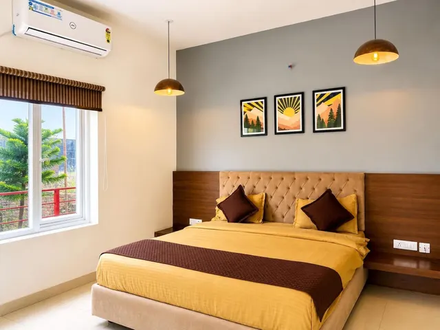 Bright king room with garden window