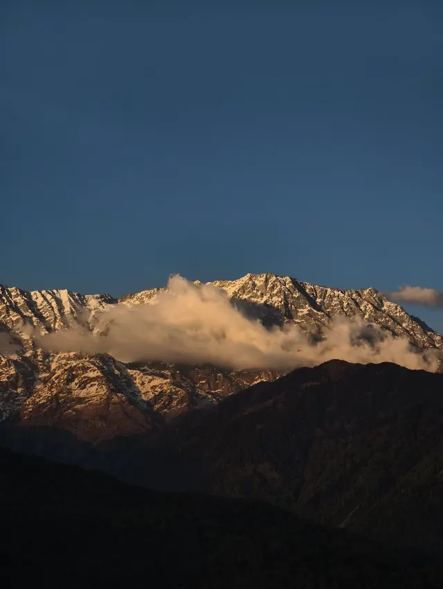 The Dhauladhar range at sunset above the Kangra valley