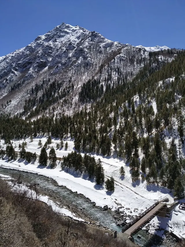 Snowcapped mountains and river, Chitkul